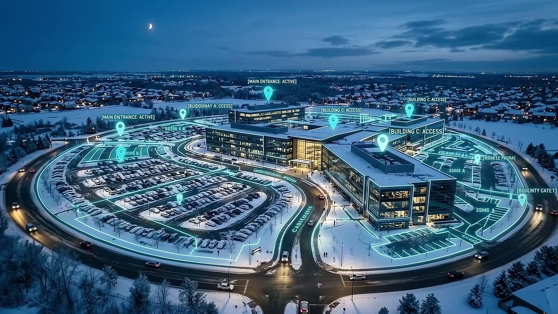 Night aerial frame from the film: a snow-covered commercial campus with entrances and building access points highlighted.