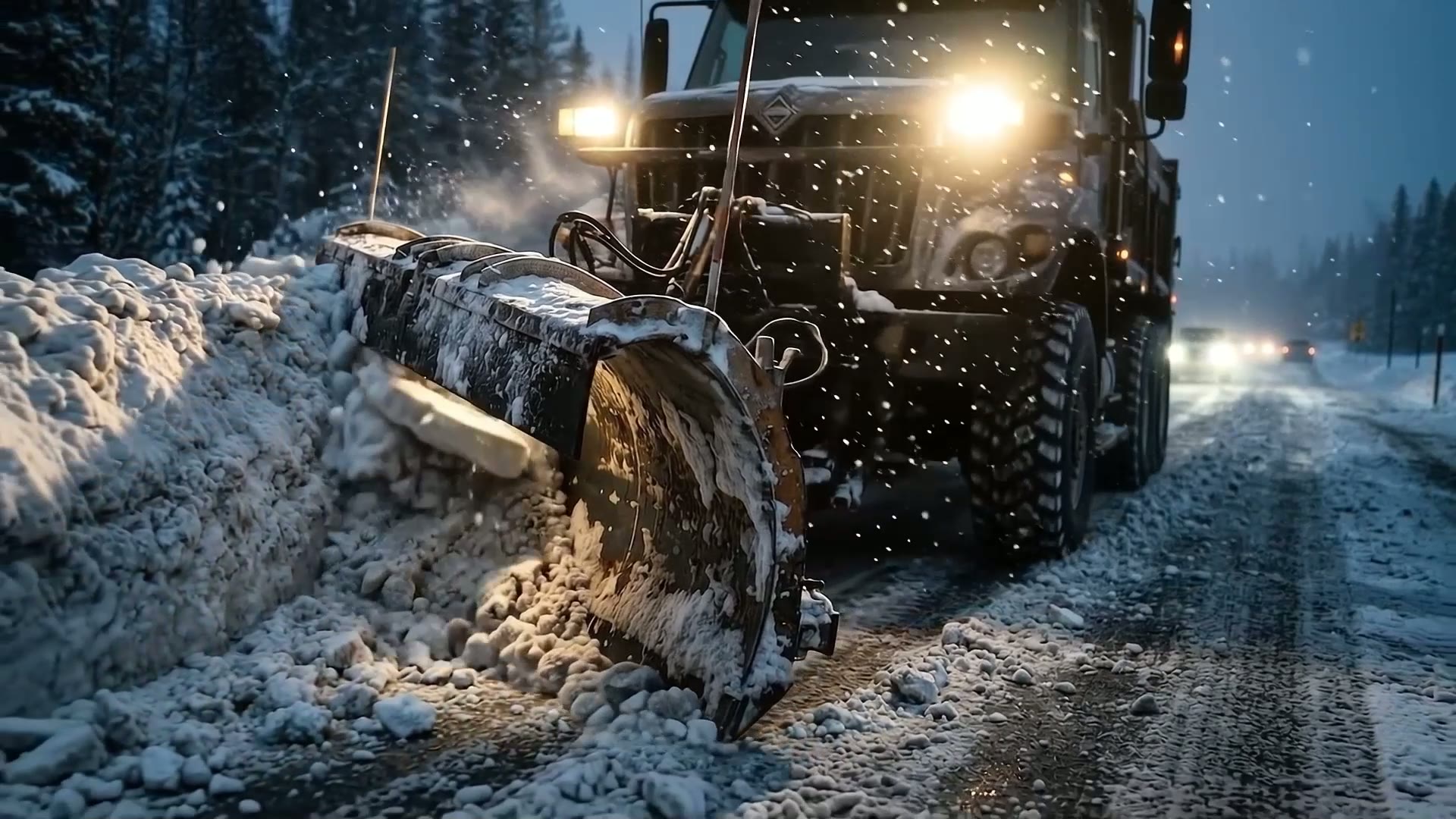 Frame from the film: a plow truck clearing a snow-covered road at night in heavy snowfall.